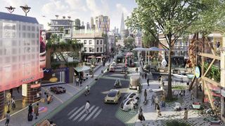 Wimmelbild für Erwachsene: Im London der Jahre 2040+ verbinden zentrale Parklösungen Automobil, Fahrräder und öffentlichen Verkehr. (Bild: Mercedes-Benz)