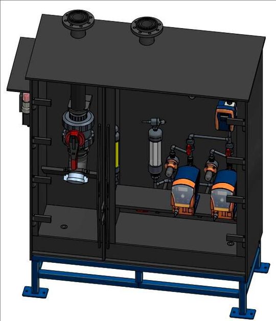 Dosierschrank mit zwei Dosierpumpen und Durchflussmessgerät.(Bild:  Prominent)
