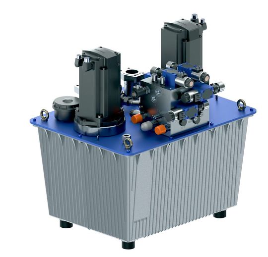 Im neuen Doppelaggregat «ABKAG» von Bosch Rexroth sind zwei Einzelaggregate in einem kompakten System zusammengefasst. Da nur ein Tank und ein zentraler Steuerblock benötigt wird, reduziert sich der Bedarf an Ventilen, Leitungen und Zubehör erheblich.(Bild:  Bosch Rexroth AG)