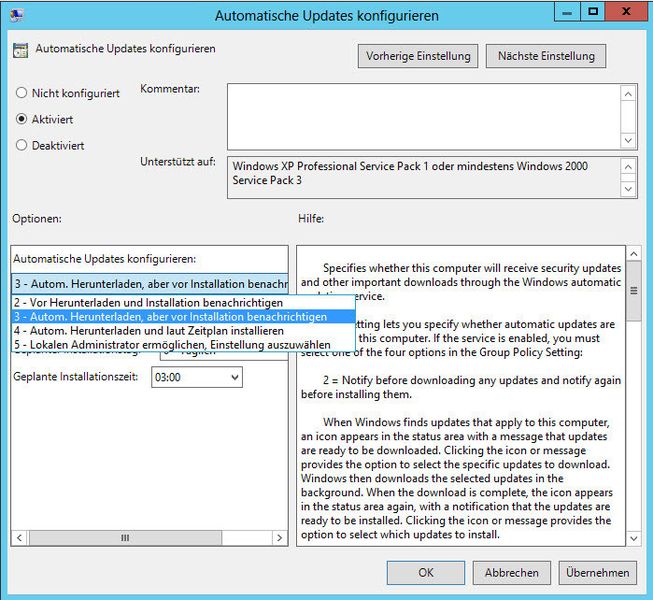 Die wichtigsten Einstellungen finden sich über Automatische Updates konfigurieren. Hier legen fest wann sich Clientcomputer mit WSUS verbinden um Updates herunterzuladen und wie diese installiert werden. Den eigentlichen WSUS-Pfad legen Sie über Internen Pfad für den Microsoft Updatedienst angeben fest. (Archiv: Vogel Business Media)