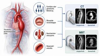 Vier Risikofaktoren, zwei Verfahren: Bei familiärer Belastung, bikuspider Aortenklappe, Bauchaortenaneurysma oder Riesenzellarteriitis kommen CT und MRT für die gezielte Suche infrage. (Bild: Guido Deußing, KI-generiert nach Peterß et al. 2026)