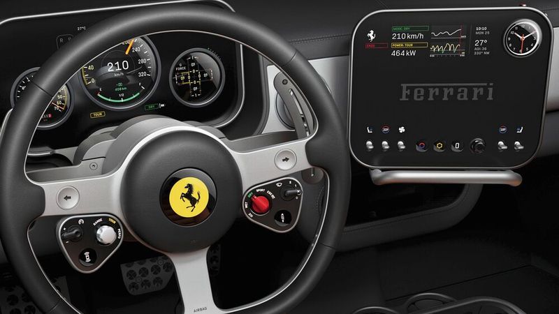 Rund um das retro-inspirierte Dreispeichenlenkrad gruppieren sich Drehregler, Tasten, Wippen und Kippschalter. (Bild: Ferrari)