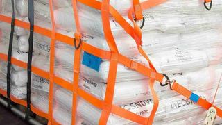 Sicherung von Sackware auf Palette mit Paxafe-Gurtbandnetz, integrierter Sperrstange und Zurrsystem. (Bild: Spanset)