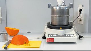 Abb.1: Ein vorzerkleinerter Kürbis neben der Pulverisette 0 mit Kryo-Box  (Bild: Fritsch/Marcel Moosmann)