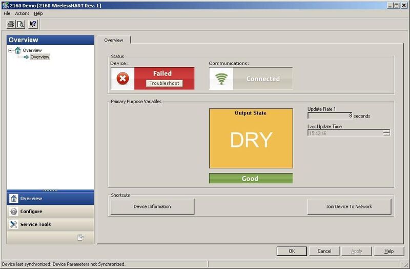 Device Dashboard shows heavy buildup on the fork. PV: Dry (fail-safe), device failed.  (Picture: Emerson Process Management)