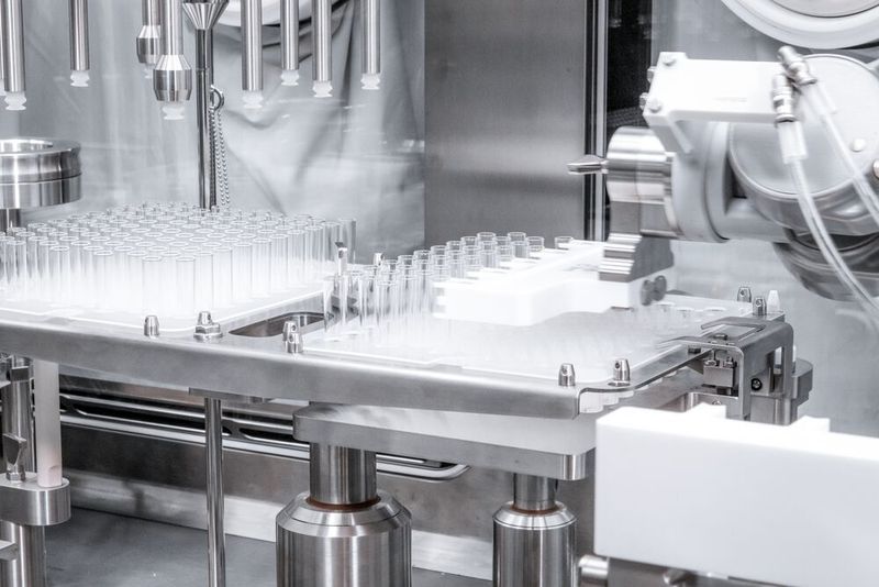 Übergabe der Behältnisse ins hochflexible Transportsystem. In den MultiUse-Anlagen besteht zu keiner Zeit Glas-zu-Glas-Kontakt. (Bild: Optima)