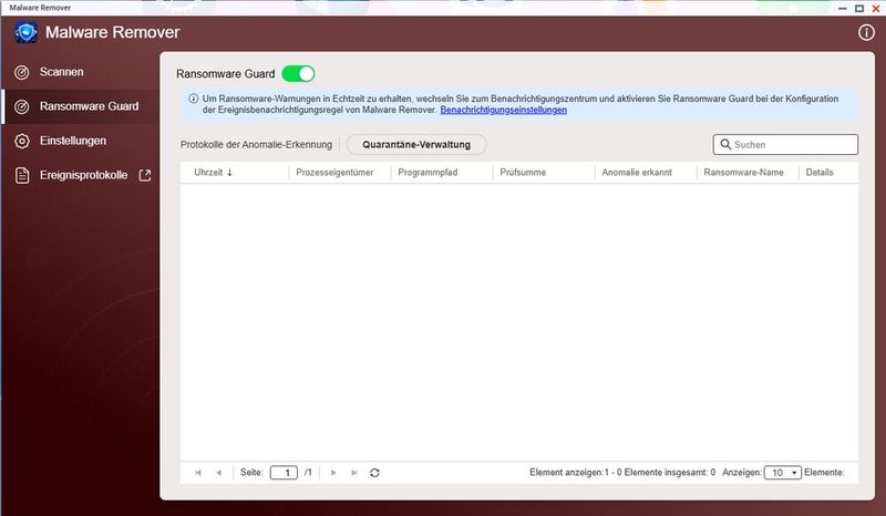 Im Reiter Ransomware Guard schaltet ein Toggle die verhaltensbasierte Erkennung ein und führt zwei Tabellen für Anomalie-Protokolle und isolierte Objekte. (Bild: Joos)