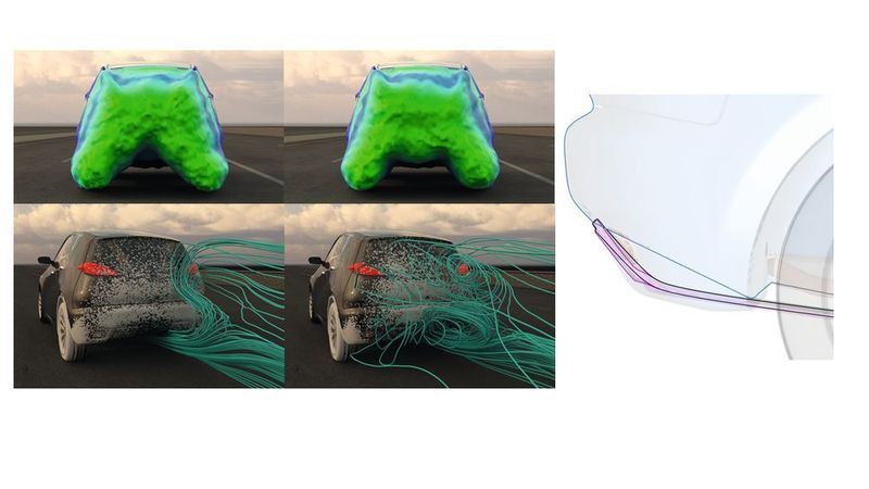 Iso-Oberfläche des Gesamtdrucks und der Strömungen vom hinteren Rad für den Basisdiffusor (links) und das modifizierte Design (rechts). Diffusorkontur: Basis (schwarz) und modifiziert (magenta). (Exa)