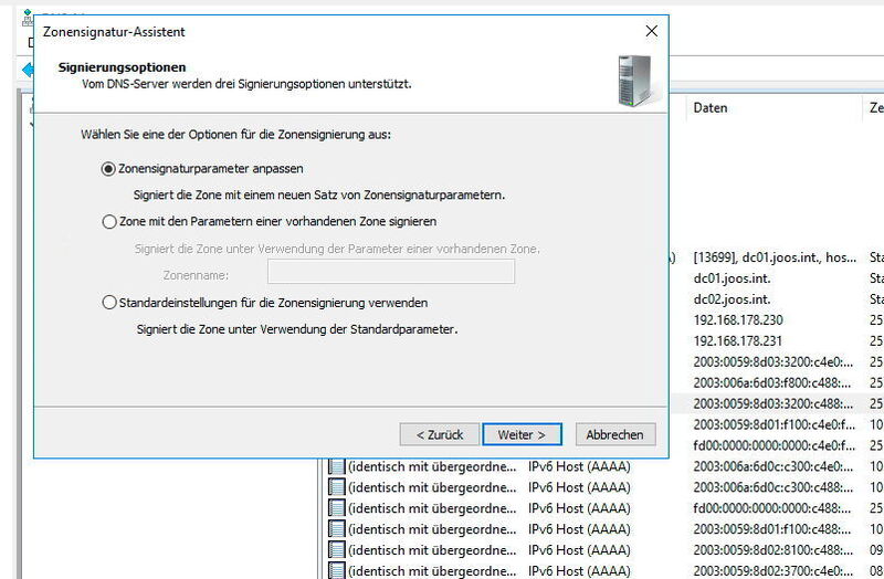Auswählen der Optionen für DNSSEC. (Microsoft / Joos)