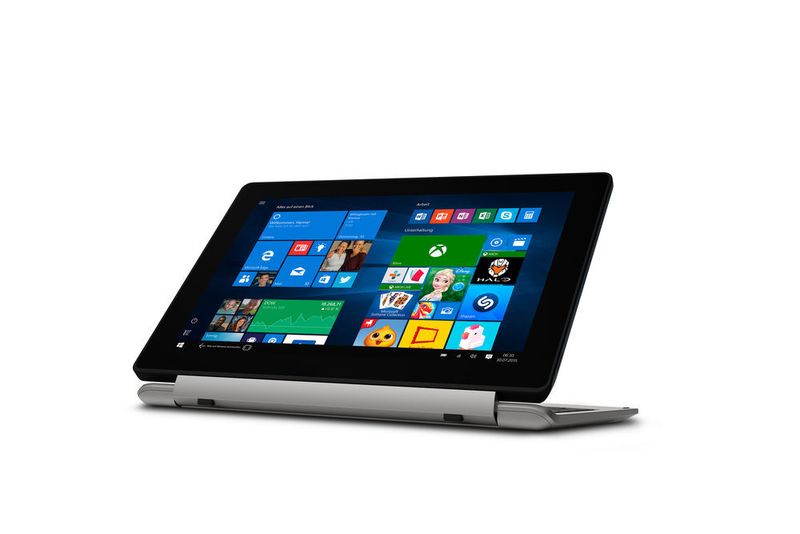 Das Tablet kann auch um 180 Grad gedreht auf das Dock gesteckt werden. So ist ein Stand-Modus möglich. (Bild: Medion)