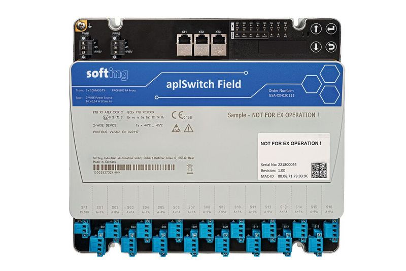 Abb. 3: Der erste als Prototyp verfügbare Ethernet-APL Field Switch erlaubt Ethernet-APL-Feldgeräte in der Ex Zone 1 und 0 anzuschließen. (Bild: Softing)