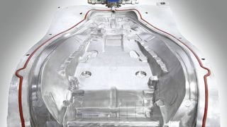 Unterteil mit Dichtbereich (rot) eines Werkzeuges für das RTM-Verfahren zur Herstellung einer faserverstärkten Sitzschale. (Bild: Frimo Group)