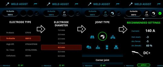 So läuft der Auswahlprozess im Weld Assist von Kemppi beim Elektroschweißen von Hand ab.(Bild:  Kemppi)