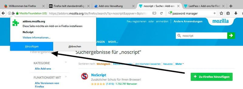 Add-Ons lassen sich in wenigen Sekunden zum Browser hinzufügen, um die Sicherheit dauerhaft zu verbessern. (Th. Joos)