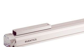 Die neuen pneumatischen Türantriebe RTC-TD bestehen aus bewährten Systemkomponenten des Standard-Pneumatikbaukastens von Aventics. In den Enddeckeln des kolbenstangenlosen Zylinders ist eine Patronenlösung für die Ventile integriert. (Aventics)
