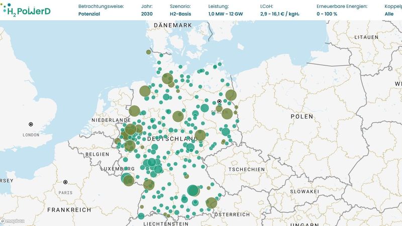 Der Wasserstoff-Potenzialatlas zeigt räumlich aufgelöst geeignete Standorte für die Produktion und Nutzung von Wasserstoff und seinen Koppelprodukten Sauerstoff und Wärme auf. (Bild:  Fraunhofer ISE)