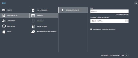 Abbildung 4: Um Hadoop in Windows Azure zu nutzen, müssen Admins zunächst ein Speicherkonto in der Web-Oberfläche anlegen.(Bild:  Thomas Joos)