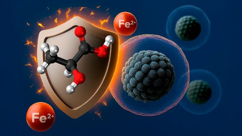 Metaphorische Darstellung des Zell-Schutzschilds: Das Laktatmolekül wirkt gemeinsam mit Eisen als Abwehrsystem. (Bild:  © UKE/Astrid Hensel, generiert mit KI)