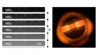 Das linke Bild zeigt eine elektronenmikroskopische Querschnittsaufnahme des Emitters mit Iridium- und Hafniumoxidschichten. Das rechte Bild zeigt den selektiven Emitter bei einer hohen Einsatztemperatur von 1000 °C in einer in-situ Röntgenheizkammer.  (Bild: Helmholtz-Zentrum Hereon)