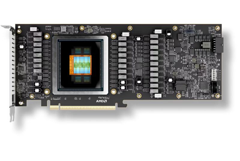 Die CDNA-4-GPU auf der AMD Instinct MI350P verfügt über 128 Recheneinheiten mit 512 Matrix-Cores und 8.192 Stream-Prozessoren. Zusätzlich sitzen 144 GB HBM3e mit auf der GPU.   (Bild: AMD)