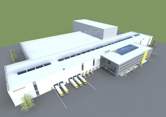 Der Neubau als Skizze. Das neue Werk wird zukünftig neben einer optimierten Logistik auch die Fertigung weiterer Fahrzeugbaureihen ermöglichen (Bild: Jungheinrich)