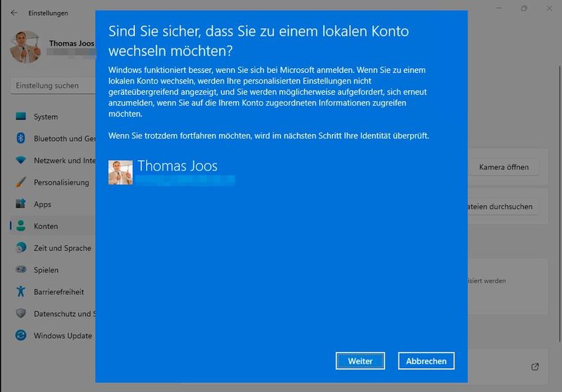 Ein Wechsel von einem Microsoft-Konto zu einem lokalen Konto ist meistens problemlos möglich. (Bild: Joos | Microsoft)