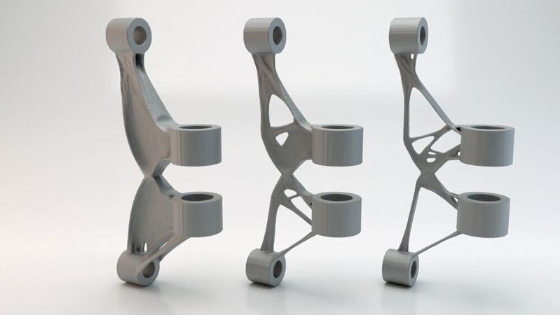 Wenn die Mittagspause die Effizienz erhöht: Die Software MSC Apex Generative Design benötigt 40 Minuten, um ein Scharnier hinsichtlichht des Gewichts zu optimieren und eine dieser drei Varianten zu erzeugen. Wenn die Mittagspause die Effizienz erhöht: Die Software MSC Apex Generative Design benötigt 40 Minuten, um ein Scharnier hinsichtlichht des Gewichts zu optimieren und eine dieser drei Varianten zu erzeugen.