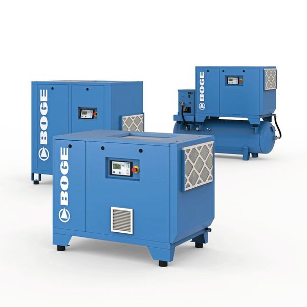 Die E-Baureihe umfasst verschiedene Modelle mit unterschiedlichen Gehäusegrößen von 4 bis 30 kW. Für Anwendungen im unteren Leistungsbereich bis 15 kW ist die Druckluftlösung mit integriertem Trockner und Druckluftbehälter erhältlich (Bild: Boge)