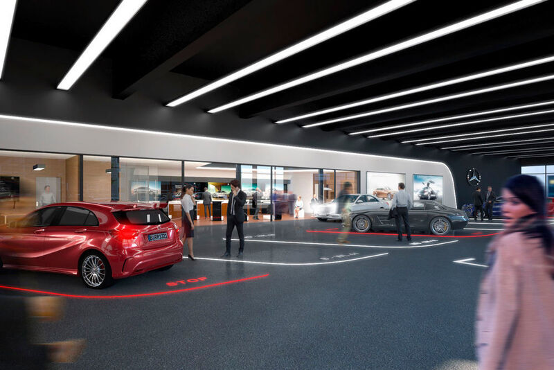 Ganz sicher wird der Flagship-Store in Stuttgart den Vorgaben der Markenarchitektur MAR 2020 entsprechen – so wie diese Illustration des künftigen Service-Terminals der Mercedes-Welt am Salzufer in Berlin. (Daimler AG)