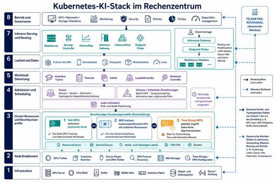 Der Kubernetes-KI-Stack im Rechenzentrum: Topologie und Geräteeigenschaften beeinflussen die Platzierungsentscheidungen; Telemetrie liefert Rückkopplung für Routing, Autoscaling und Betrieb.(Bild:  Autoren)