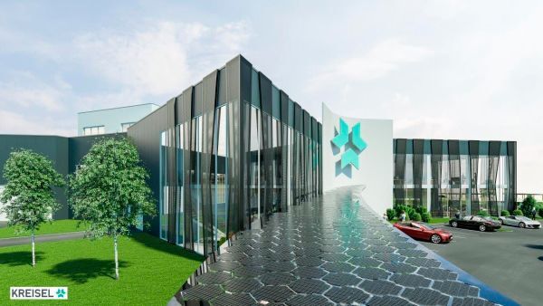 Seitennasicht mit Vordach der geplanten Akkufertigung (Kreisel Electric)