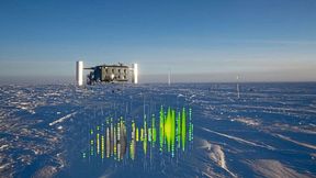 Der oberirdische Teil des IceCube-Experiments und die grafische Simulation eines Messsignals der Detektoren im Eis. Die Forscher können mit dem IceCube-Observatorium kosmische Neutrinos messen. (Bild: Stephan Richter, IceCube; Fotomontage: Beatrix von Puttkamer)