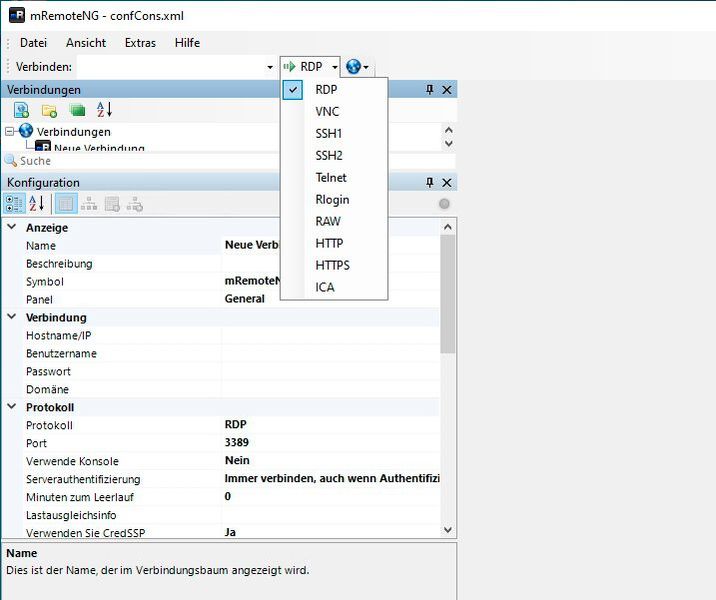 Konfigurieren der Verbindungen zu Netzwerkclients und festlegen des Protokolls in den Einstellungen der Verbindung. (Bild: Joos - mRemoteNG)