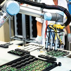 Mithilfe einer Greiferspezialkonstruktion verpackt der Cobot zwei Millionen Leiterplatten im Jahr beim Elektronikzulieferer Melecs EWS.