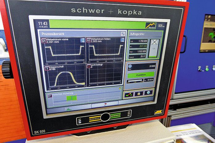 Am Monitor werden die Prozessdaten sichtbar. Im dargestellten Bild sieht man ein Überwachungssystem von Schwer + Kopka, das ältere Näherungssensoren und hybride Kraft- Körperschallsensoren parallel überwacht. Dank moderner Überwachungssoftware werden auch die Ergebnisse der Nährungssensoren verbessert. Damit Alt und Neu zusammenspielen, hat Schwer + Kopka die sogenannte Kombi-Box entwickelt. (Bild: Kuhn)