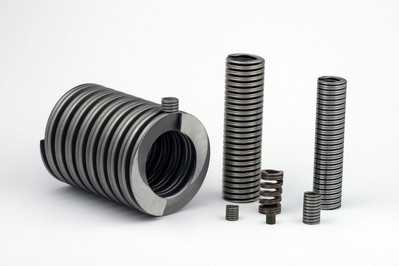 Die Schraubentellerfeder besteht aus zwei gleichen ineinandergeschraubten Schraubendruckfedern mit tellerfederähnlichem Querschnitt aus Bandstahl. Der nicht unterbrochene Faserverlauf des Ausgangsmaterials erhöht die Lebensdauer und verringert die Bruchgefahr der gewickelten Schraubentellerfeder. (Bild: Dr. Werner Röhrs)