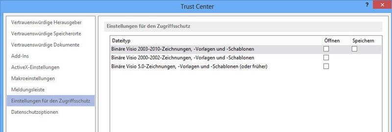 Abbildung 4: Eine weitere Einstellung ist auf der Registerkarte Datei über Optionen\Trust Center\Einstellungen für den Zugriffschutz zu finden. Hier müssen alle Haken entfernt werden, da Visio 2013 ansonsten den Zugriff blockiert. (Bild: Joos)