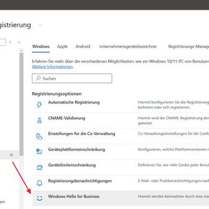Das Microsoft Intune Admin Center zeigt den Weg über "Geräte" und "Registrierung" zur Konfiguration von Windows Hello for Business im Mandanten HALLOGMBH. (Bild: Joos)