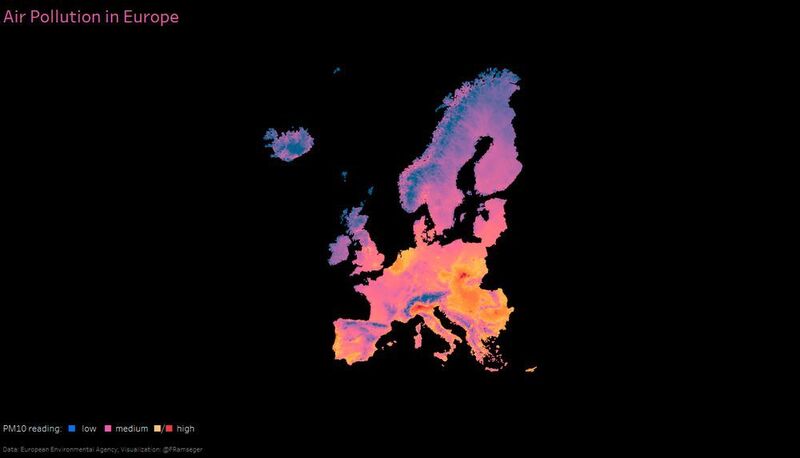 Air Pollution Europe Auf einen Blick ersichtlich: In Österreich, der Schweiz, Schottland und Norwegen ist die Luft am besten.   (Florian Ramseger, veröffentlicht auf Tableau Public)