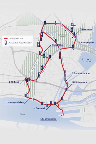 ... auf einem drei Kilometer langen Teilabschnitt der Teststrecke für automatisiertes und vernetztes Fahren (TAVF) in der Hansestadt. (Bild: Volkswagen)