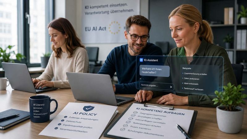 Ab 2. August 2026 müssen Unternehmen die Kompetenz ihrer Mitarbeiter im Umgang mit KI nachweisen können.(Bild:  Pinktum/KI-generiert)