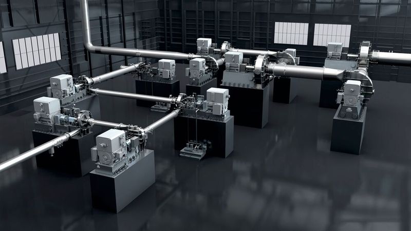 Exemplarische Darstellung einer 11-stufigen Verdichteranlage: Sechs VapoFlex-Maschinen im Zug 1 und fünf weitere in Zug 2 (Bild: Piller Blowers & Compressors)