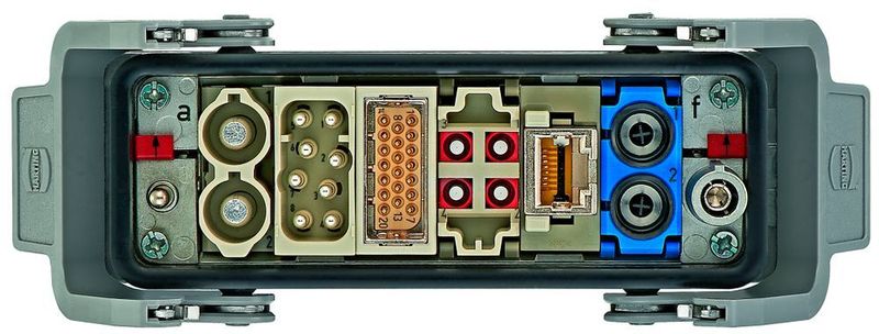 Bild 3:  Der modulare Steckverbinder führt Leistung, Signale, Daten und Druckluft in einem Steckverbinder zusammen. (Harting)