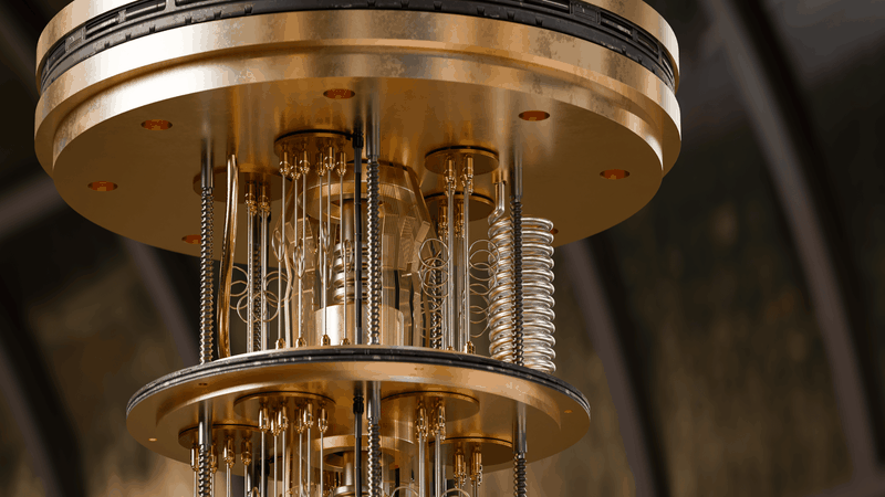Das Kühlsystem eines Quantencomputers hält die Quantenchips bei Temperaturen nahe dem absoluten Nullpunkt. Erst unter diesen Bedingungen können sie ihre besonderen Quanteneigenschaften entfalten (künstlerische Darstellung).(Bild:  B. Schröder/HZDR)