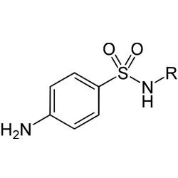  Sulfonamide (1934)

Sulfonamide,  Amide  der Sulfonsäuren, die durch die Gruppe –SO2NHR– charakterisiert sind. Sie zählen zu einer Gruppe von Chemotherapeutika. Ihre Wirkung beruht darauf, dass sie als Antimetabolite der p-Aminobenzoesäure (PABA) dasjenige  Enzym des Stoffwechselweges der  Folsäure-Synthese kompetitiv inhibieren, welches die Dihydropteronsäure-Bildung katalysiert.
 (Archiv: Vogel Business Media)