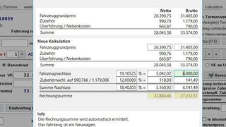 Ein Einsatzbeispiel: Soll der Fahrzeugrabatt als runde Summe ausgewiesen werden, wird diese Summe eingegeben, das System ermittelt den Rabattsatz und den neuen Endpreis. (Loco-Soft)