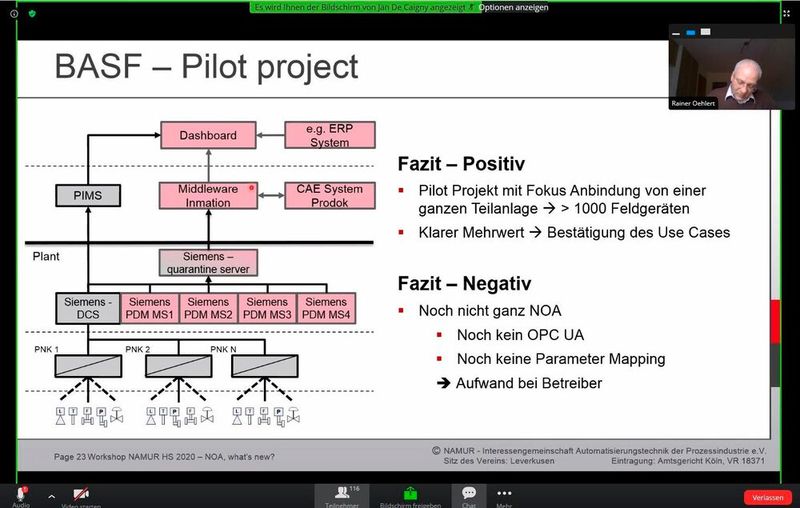 Rainer Oehlert (Ruhestand, vormals Dow), ehemaliges Namur-Vorstandsmitglied, moderierte souverän durch Track 2 der dreigleisigen Veranstaltung. (Bild: Screenshot Namur Hauptsitzung 2020)