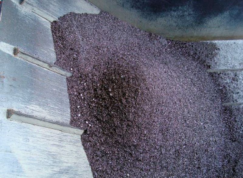 Bild 3: Die zentrifugierten Späne, die eine maximale Restfeuchte von nur 3 % aufweisen dürfen, werden mittels eines Scharnierplattenförderers und einer Drehschure in einem Container verteilt. (Bild: Erdwich)