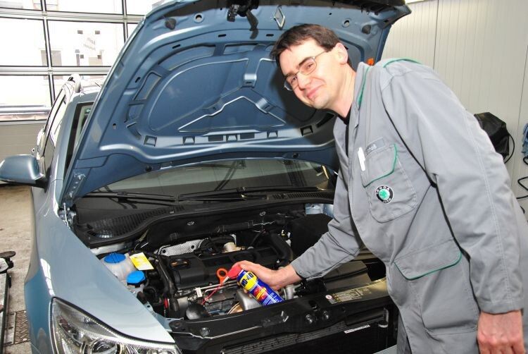 Kleine Dose, große Wirkung: Der Klassiker WD-40 eignet sich für zahlreiche Anwendungen an Kraftfahrzeugen und generell im Werkstattbereich – da ist sich Schrauberprofi Schoß ganz sicher. (Foto: Dominsky)