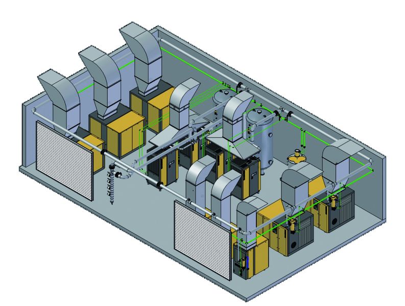Bild 5: 3-D-Ansicht der optimierten und realisierten Druckluftstation. Das neue Konzept ließ sich bestens mit dem vorgesehenen Platzangebot vereinbaren. Eine  für die Wasser-Rückkühlanlage eingeplante Fläche entfiel sogar vollständig. Bilder: Kaeser (Archiv: Vogel Business Media)